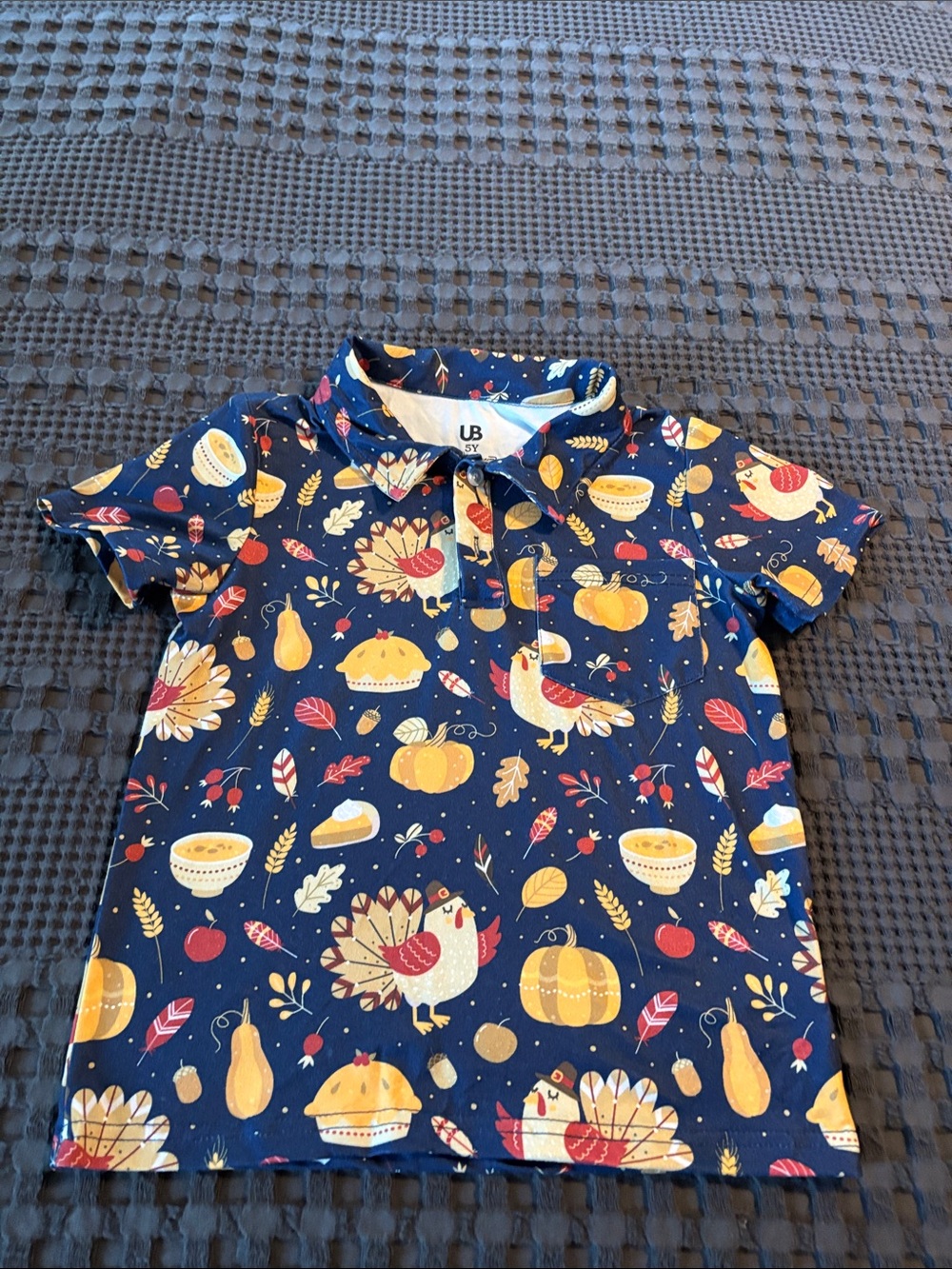 Kids Navy Thanksgiving Polo with Festive Print